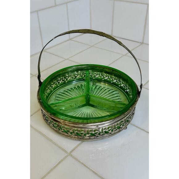 Unbranded Other - Uranium Glass Round Divided Relish Dish With Silver Carrier 8" For Candy Or Nuts